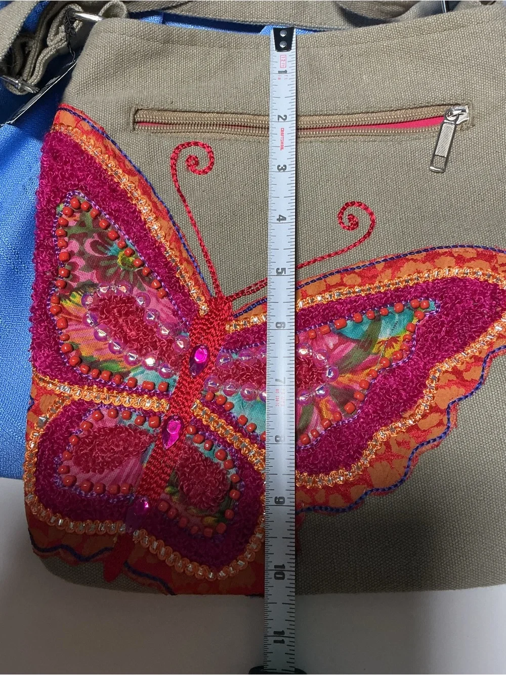 Pier 1 Butterfly Embroidered Crossbody Bag - Beige with Pink & Orange Accents